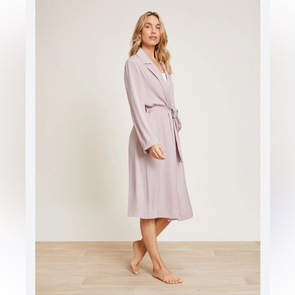 Barefoot Dreams Women’s Washed Satin Notch Collar Robe Feather Mauve S EUC